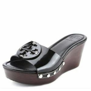 Tory Burch black & silver Patti wedge platform slide on sandal T logo size 7